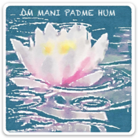 white lotus flower in bluevwster with mantra printed at top "Om mani padme hum"